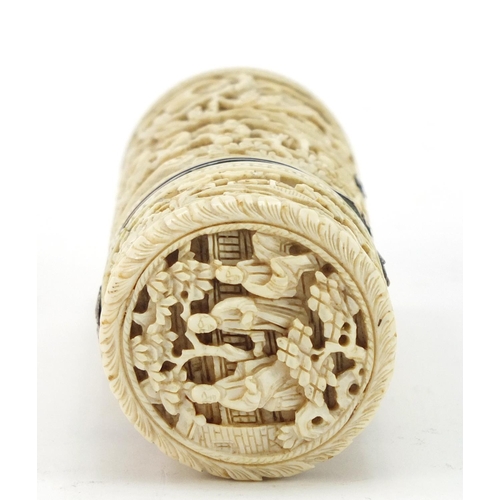 455 - Good Chinese Canton ivory cylindrical pot with hinged lid and silver mount, finely carved with figur... 