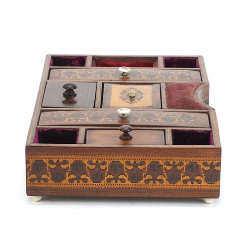 36 - Victorian Tunbridge ware desk tidy with micro mosaic floral inlay and base drawer, 6cm H x 28.5cm W ... 