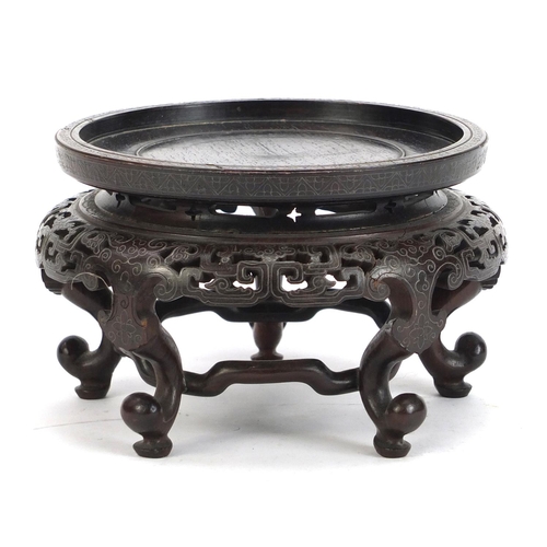 372 - Good Chinese carved hardwood stand with foliate wire inlay, 11cm high x 16.5cm in diameter