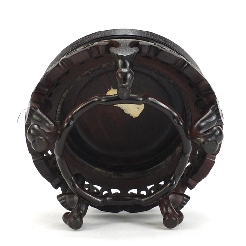 372 - Good Chinese carved hardwood stand with foliate wire inlay, 11cm high x 16.5cm in diameter