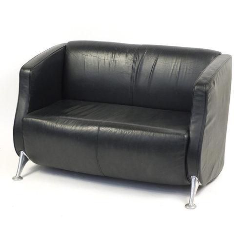 2185 - Contemporary black leather two seater settee with chromed legs, 77cm H x 122cm W x 58cm D