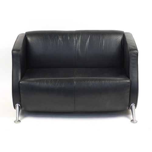 2185 - Contemporary black leather two seater settee with chromed legs, 77cm H x 122cm W x 58cm D