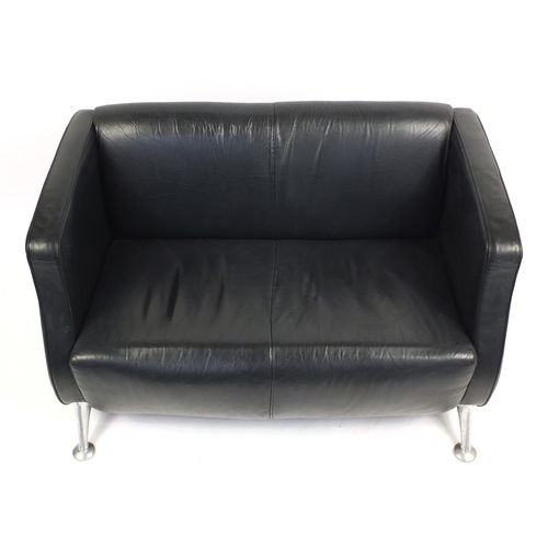 2185 - Contemporary black leather two seater settee with chromed legs, 77cm H x 122cm W x 58cm D