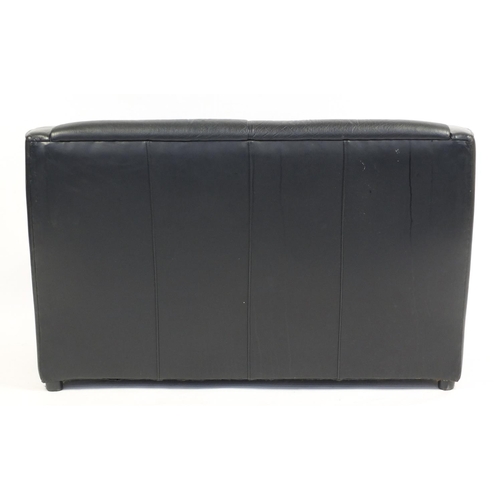 2185 - Contemporary black leather two seater settee with chromed legs, 77cm H x 122cm W x 58cm D