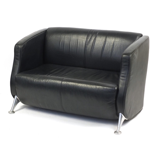 2186 - Contemporary black leather two seater settee with chromed legs, 77cm H x 122cm W x 58cm D