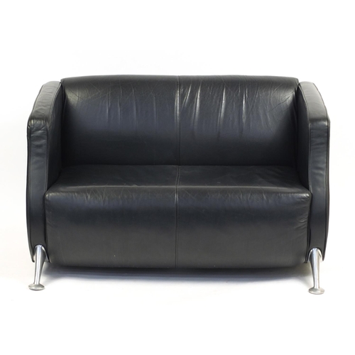 2186 - Contemporary black leather two seater settee with chromed legs, 77cm H x 122cm W x 58cm D