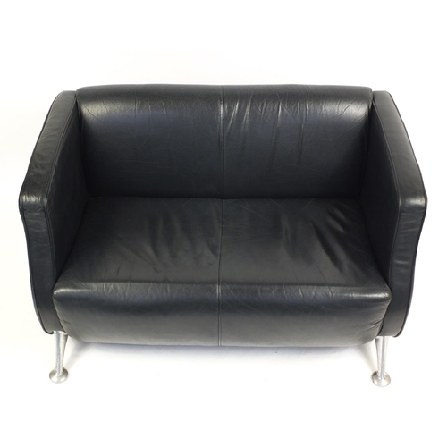 2186 - Contemporary black leather two seater settee with chromed legs, 77cm H x 122cm W x 58cm D