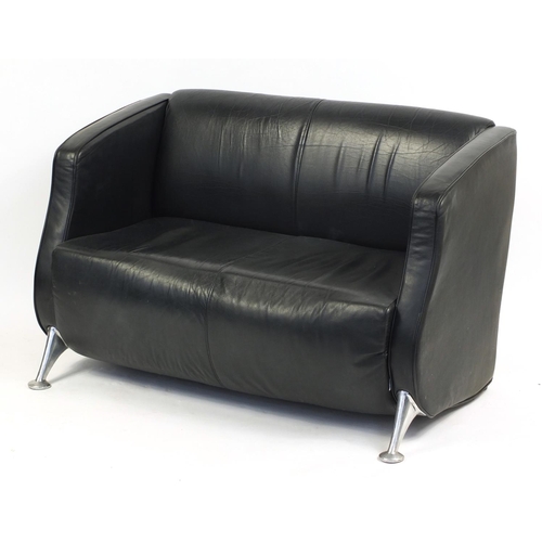 2187 - Contemporary black leather two seater settee with chromed legs, 77cm H x 122cm W x 58cm D