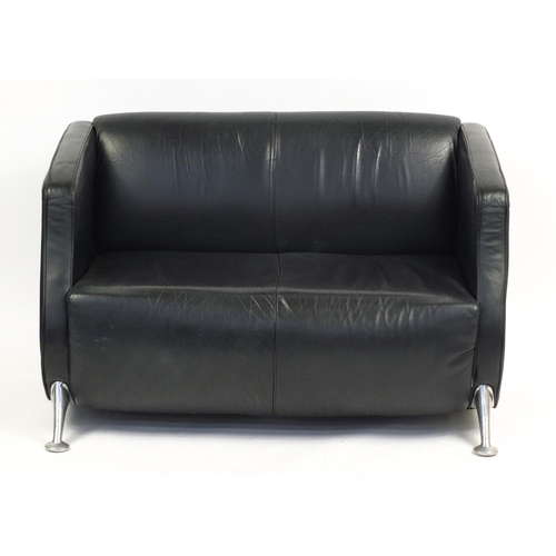 2187 - Contemporary black leather two seater settee with chromed legs, 77cm H x 122cm W x 58cm D