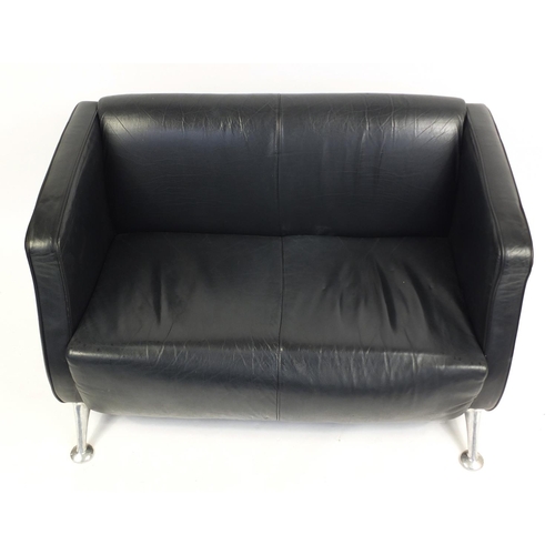 2187 - Contemporary black leather two seater settee with chromed legs, 77cm H x 122cm W x 58cm D