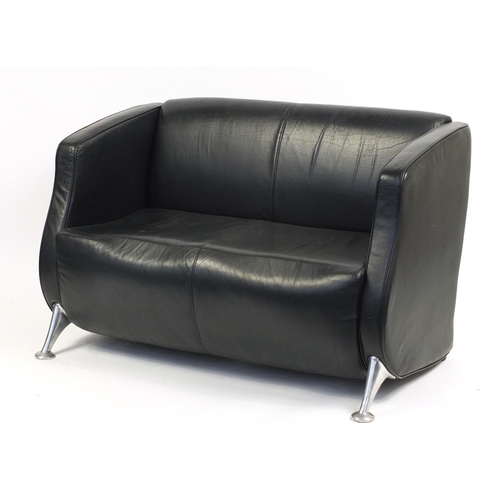 2188 - Contemporary black leather two seater settee with chromed legs, 77cm H x 122cm W x 58cm D