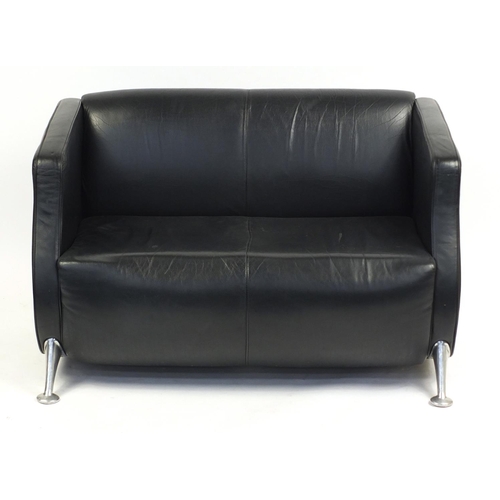 2188 - Contemporary black leather two seater settee with chromed legs, 77cm H x 122cm W x 58cm D