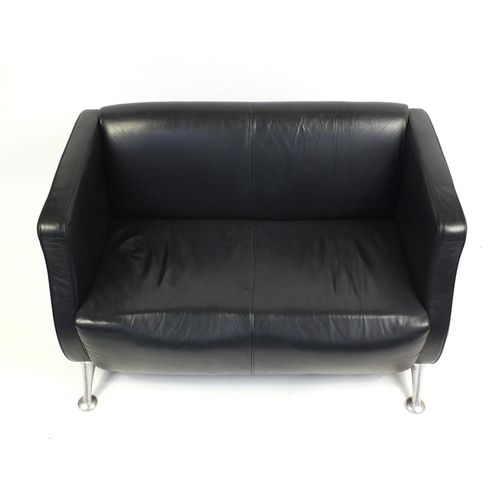 2188 - Contemporary black leather two seater settee with chromed legs, 77cm H x 122cm W x 58cm D