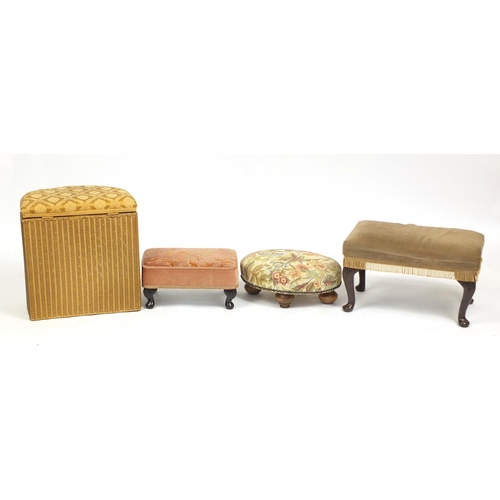 2174 - Occasional furniture comprising Lloyd Loom laundry basket, mahogany gout stool and two other footsto... 