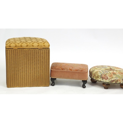 2174 - Occasional furniture comprising Lloyd Loom laundry basket, mahogany gout stool and two other footsto... 