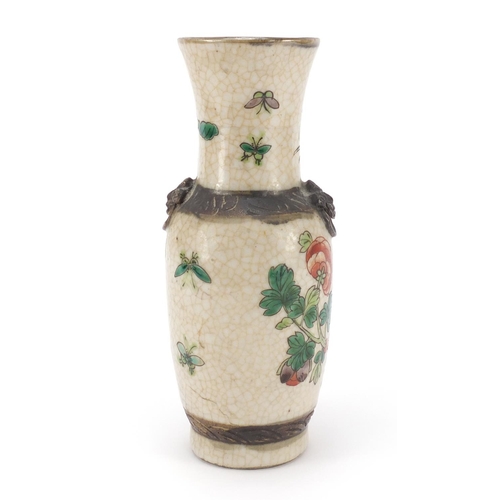 405 - Chinese crackle glaze vase with animalia ring handles, hand painted with flowers, character marks to... 