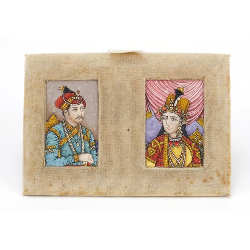 244 - Near pair of Persian hand painted portrait miniatures of noble people housed in a fitted velvet and ... 