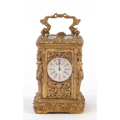 345 - Charles Frodsham style miniature gilt carriage clock with figural pillars and circular dial having A... 