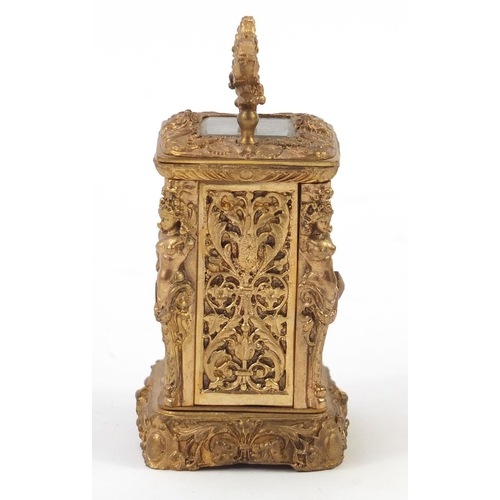 345 - Charles Frodsham style miniature gilt carriage clock with figural pillars and circular dial having A... 