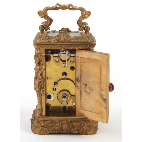 345 - Charles Frodsham style miniature gilt carriage clock with figural pillars and circular dial having A... 