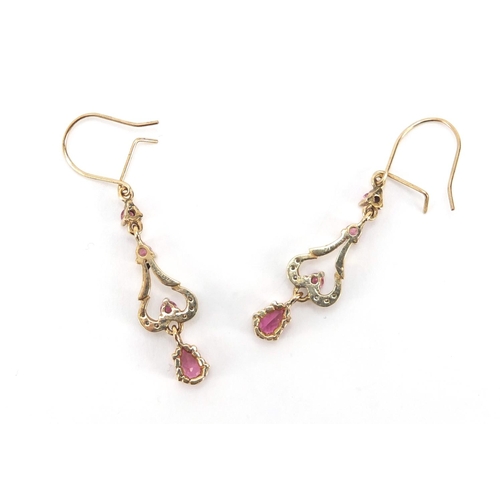 487 - Pair of 9ct gold diamond and pink stone drop earrings, 4.3cm in length, 3.0g