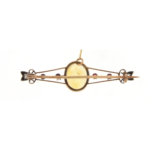 267 - Unmarked gold cabochon opal, diamond and pink stone bar brooch, 5.5cm in length, 3.8g