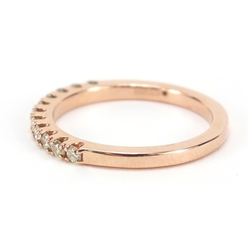 137 - 9ct rose gold diamond half eternity ring, size L, 1.8g