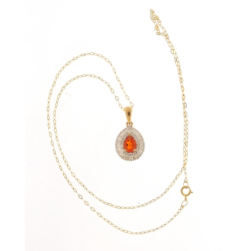 240 - 9ct gold fire opal and diamond pendant, 2cm in length, on a 9ct gold necklace, 44cm in length, 2.5g