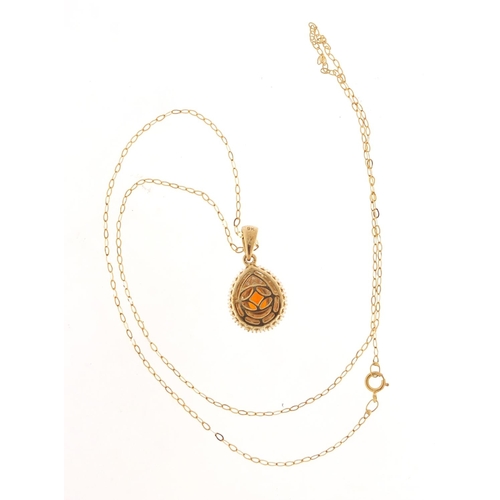 240 - 9ct gold fire opal and diamond pendant, 2cm in length, on a 9ct gold necklace, 44cm in length, 2.5g