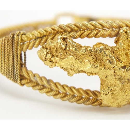 16 - Unmarked gold rope twist and gold nugget bracelet, (tests as 18ct gold+) 6cm in diameter, 40.4g