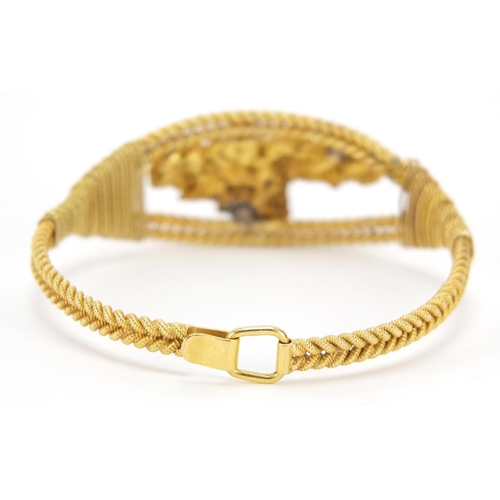 16 - Unmarked gold rope twist and gold nugget bracelet, (tests as 18ct gold+) 6cm in diameter, 40.4g