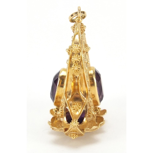 236 - Large Italian 18ct gold amethyst pendant charm, 84 FI impressed marks, 5cm high, 15.2g