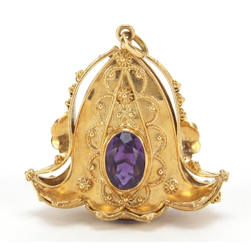 236 - Large Italian 18ct gold amethyst pendant charm, 84 FI impressed marks, 5cm high, 15.2g