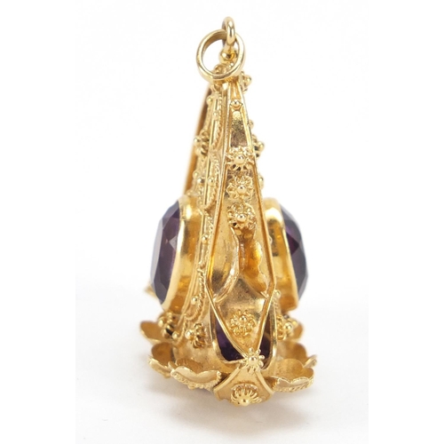 236 - Large Italian 18ct gold amethyst pendant charm, 84 FI impressed marks, 5cm high, 15.2g