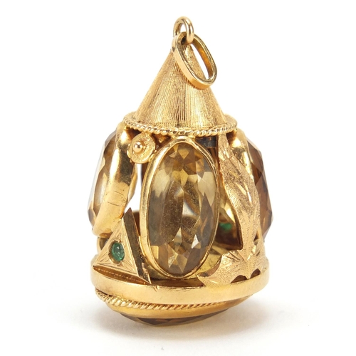 442 - Large Italian 18ct gold citrine and green stone pendant charm, 4cm in length, 15.4g