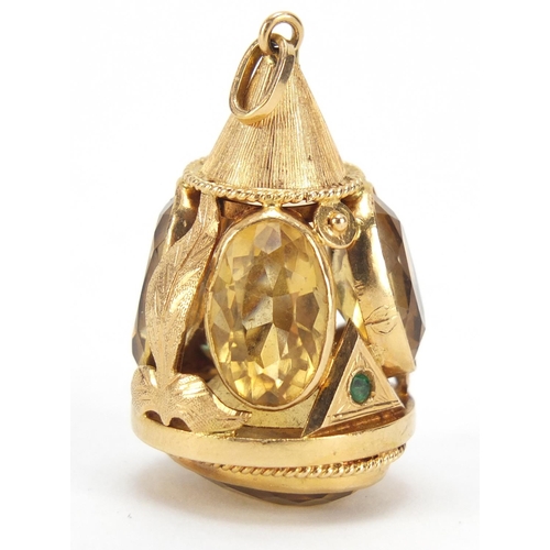 442 - Large Italian 18ct gold citrine and green stone pendant charm, 4cm in length, 15.4g