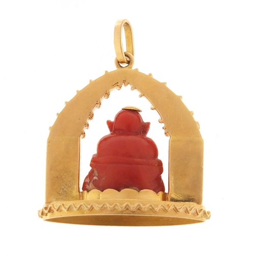 79 - Large Italian 18ct gold pendant charm with a carved coral Chinese Buddha and set with green stones, ... 