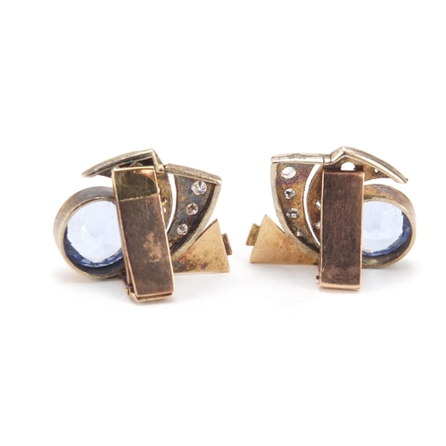 136 - Pair of Art Deco unmarked gold, blue stone and diamond earrings, 2cm in length, 8.0g