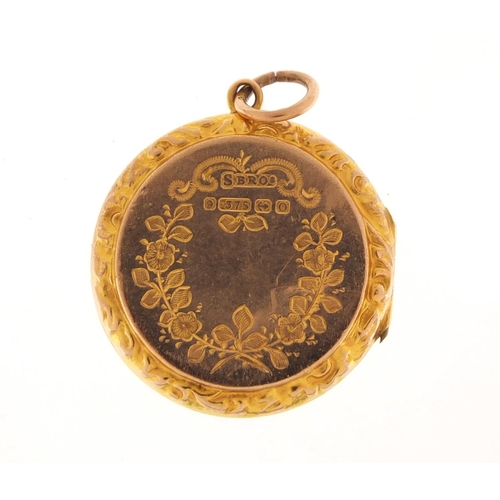 306 - Victorian 9ct gold circular locket engraved with birds amongst flowers, hallmarked Birmingham 1863, ... 