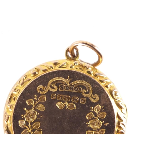 306 - Victorian 9ct gold circular locket engraved with birds amongst flowers, hallmarked Birmingham 1863, ... 