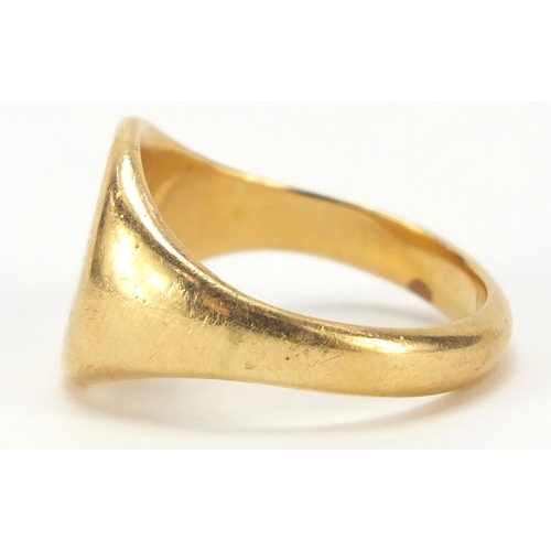 439 - 18ct gold signet seal ring engraved with a crest, size S, 10.5g