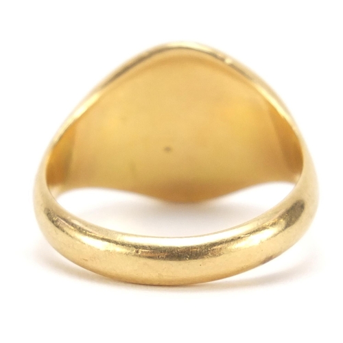 439 - 18ct gold signet seal ring engraved with a crest, size S, 10.5g