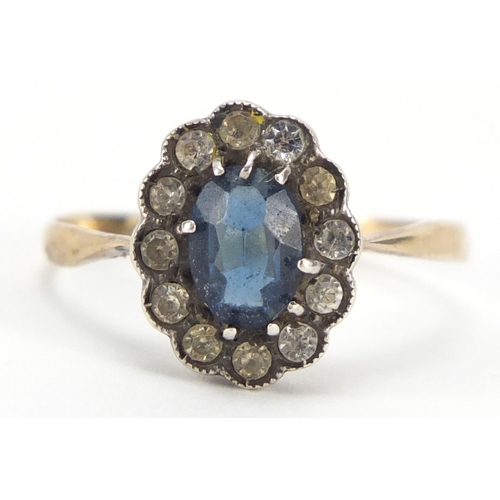 1132 - Unmarked gold blue stone and paste ring, size P, 2.0g