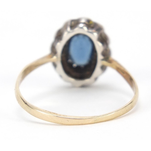 1132 - Unmarked gold blue stone and paste ring, size P, 2.0g