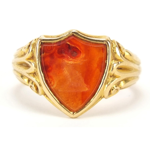 234 - Victorian 18ct gold carnelian intaglio seal ring with scrolled shoulders, hallmarked London 1905, si... 