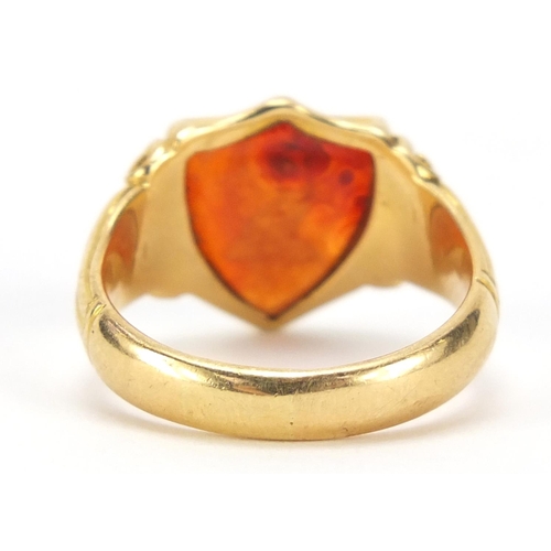 234 - Victorian 18ct gold carnelian intaglio seal ring with scrolled shoulders, hallmarked London 1905, si... 