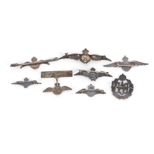 206 - Eight British military RAF silver brooches including six with enamel, the largest 5cm wide, 27.3g