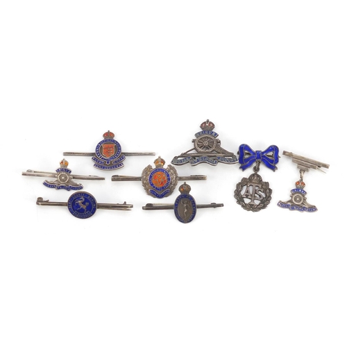56 - Eight silver and enamel British military brooches including Royal Engineers, the largest 5cm wide, 3... 