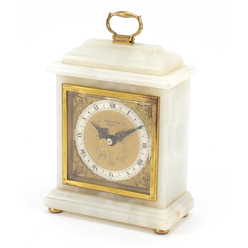 613 - Alabaster Elliott mantle clock with French escapement, retailed by Shorland Fooks of Brighton, 18cm ... 