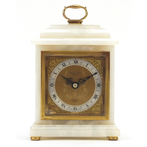 613 - Alabaster Elliott mantle clock with French escapement, retailed by Shorland Fooks of Brighton, 18cm ... 